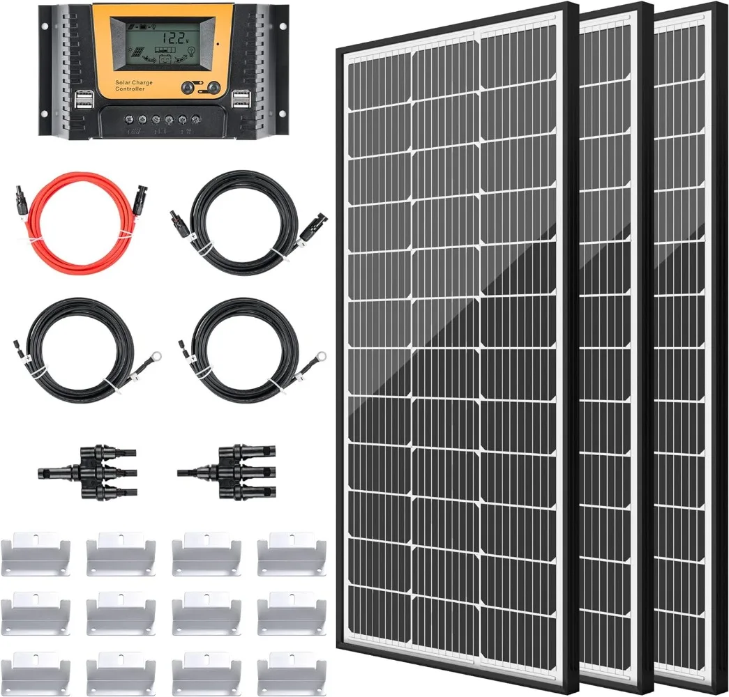 

Solar Panel Kit 300 Watt 12 Volt Monocrystalline Solar Panels with 40A PWM Charge Controller 2 Pair Solar Paanel Cables 3 Se