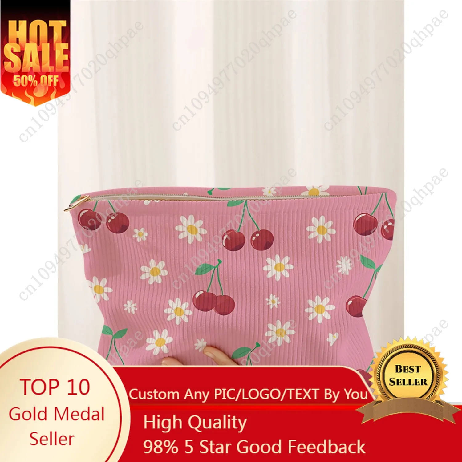 

1 cherry patterned corduroy makeup bag, lightweight zipper makeup storage box, multifunctional bag with lining