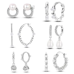 Original New 925 Sterling Silver Pave U Shape Pearl Hoop Earrings Eardrop Earrings For Women Wedding Engagement Birthday Gift