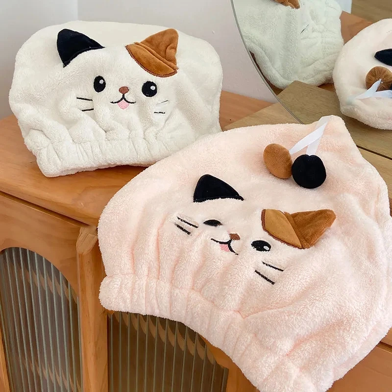 Cute Cat Kitten Kid Hair Turban Quick Dry Bath Hair Drying Towel Head Wrap Hat Cap Bathing Tool Cat Ears Pattern Hooded Towels