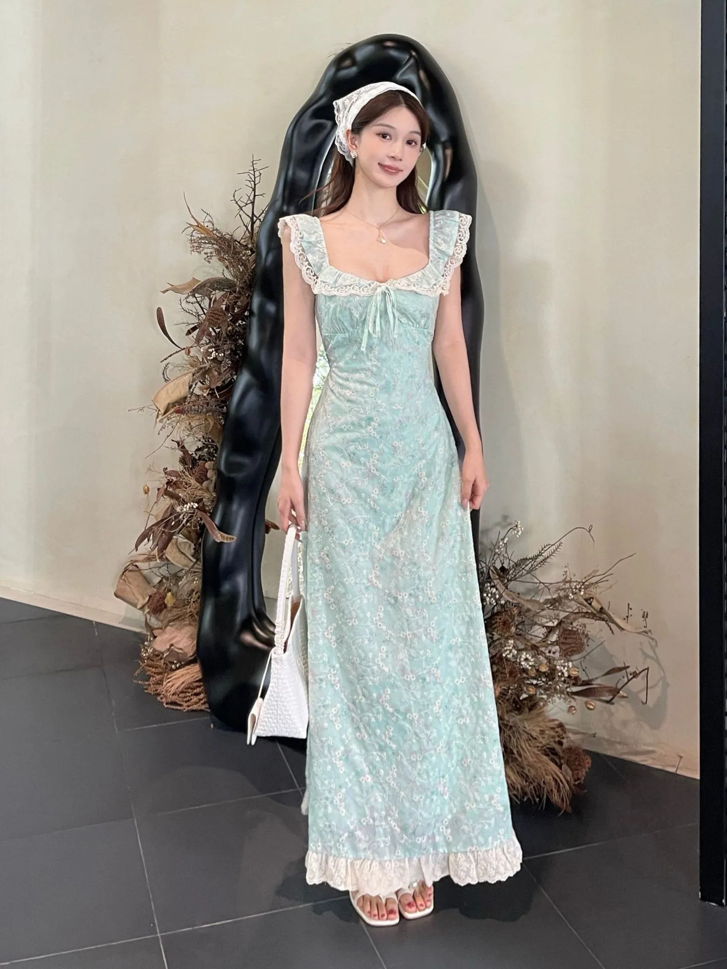 French Retro Lace Ruffle Floral Square Neck Tie-waist Green A-line Dress For Women Slim-fit Mori Girl Prairie Chic Spliced Skirt