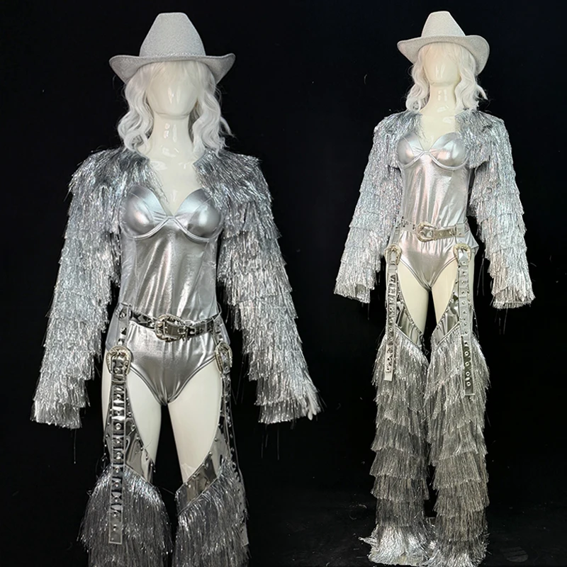 Women Show Performance Costume Silver Tassel Performance Clothing Singer Showgirl Stage Outfit Gogo Party Dance Clothes VDL5820