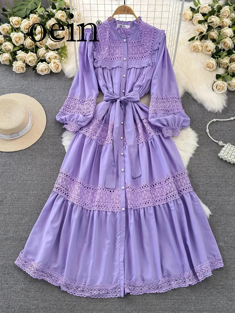 

[oein] High End, Light Luxury, Socialite Temperament, Lantern, Long Sleeved Stand Up Collar, Slim A-line Hollow Out Dress,