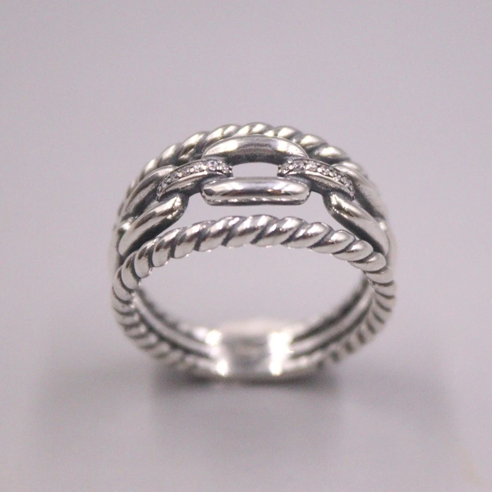 

Real Solid 925 Sterling Silver Band Women Lucky Square Rolo Link Chain Twist Ring