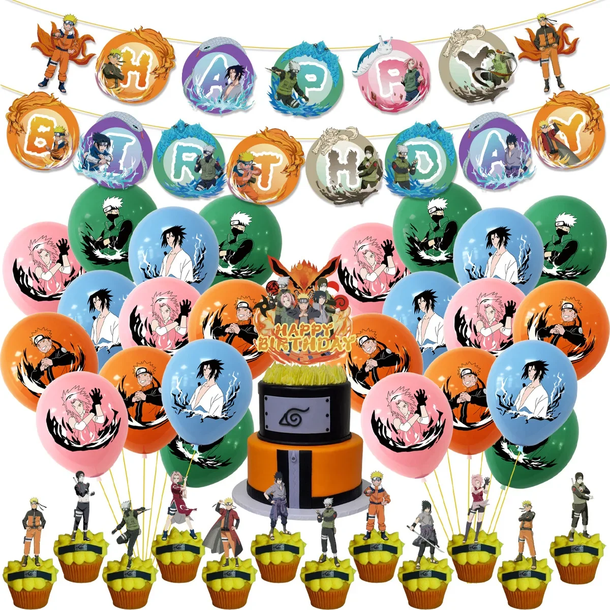 Topper descartável do bolo com bandeira de suspensão, Naruto Anime, Birthday Party Supply, ternos de balão, decorações, quente