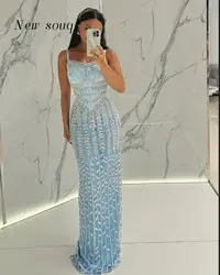 Light Blue Beaded Long Straight Evening Dresses Spaghetti Straps Women's Wedding Party Wear Gowns Formal Female Vestidos