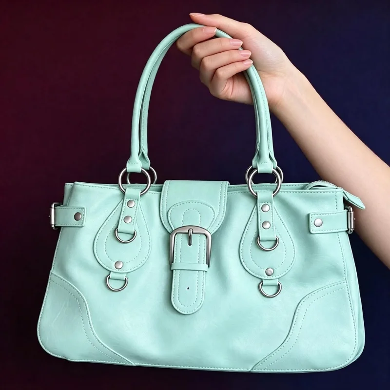 Y2K Motorcycle Bag Vintage Mint Green Saddle Tote Bag Street Style Commuter Shoulder Bag Casual Crossbody Bag Large Capacity