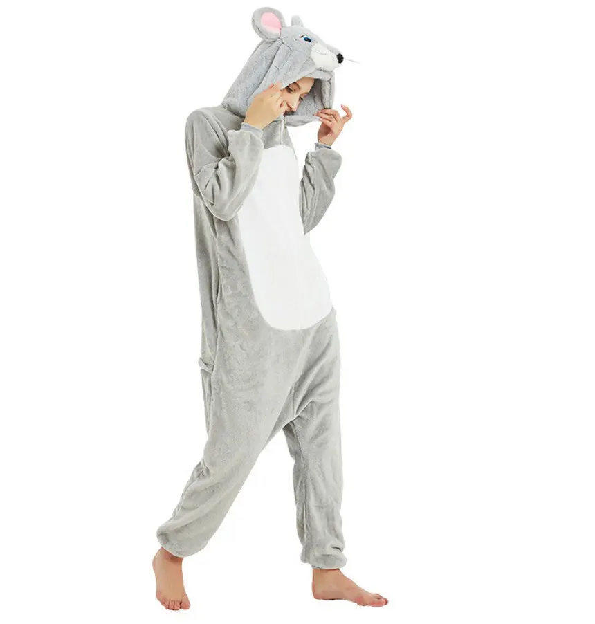 New Flannel Gray Mouse Onesies Kigurumi Adult Grey Rat Pajamas Nightgown Cosplay Costume Animal Pyjamas Sleepwear Set