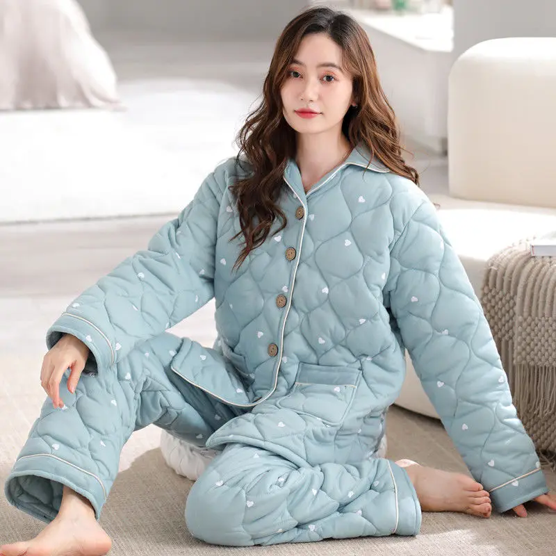 Pajamas Women's Winter Three-layer Cotton Padded Warm Pure Cotton Loungewear Suit Be Worn Outside Fashionable Cotton New Models