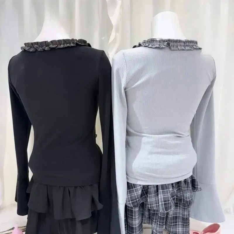 

Japanese Style Plaid Ruffle Patchwork Fake Two-Piece Long Sleeve Knitted Cardigan Sweet Women's Top Front Tie Knitted Sweater