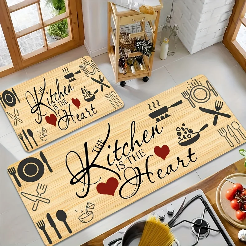 VIKAMA 1/2pcs Simple Knife And Fork Heart-Shaped Kitchen Floor Mat, Laundry Room Floor Mat, Machine Washable, Home Decoration view 5