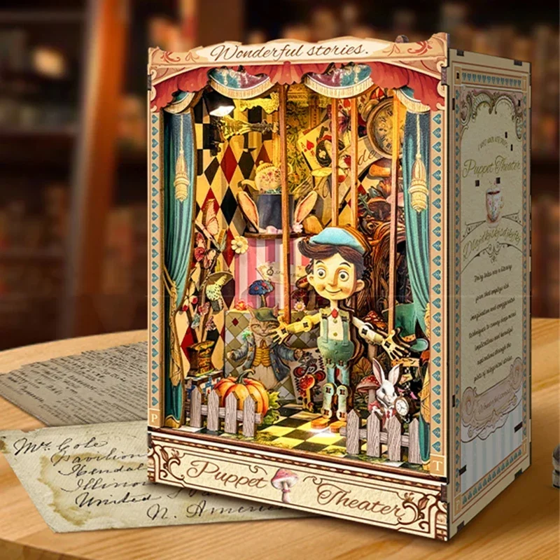 Puppet Theater Bookend DIY Wooden Book Nook Shelf Insert Miniature Model Kits Bookshelf for Friends Handmade Birthday Gifts