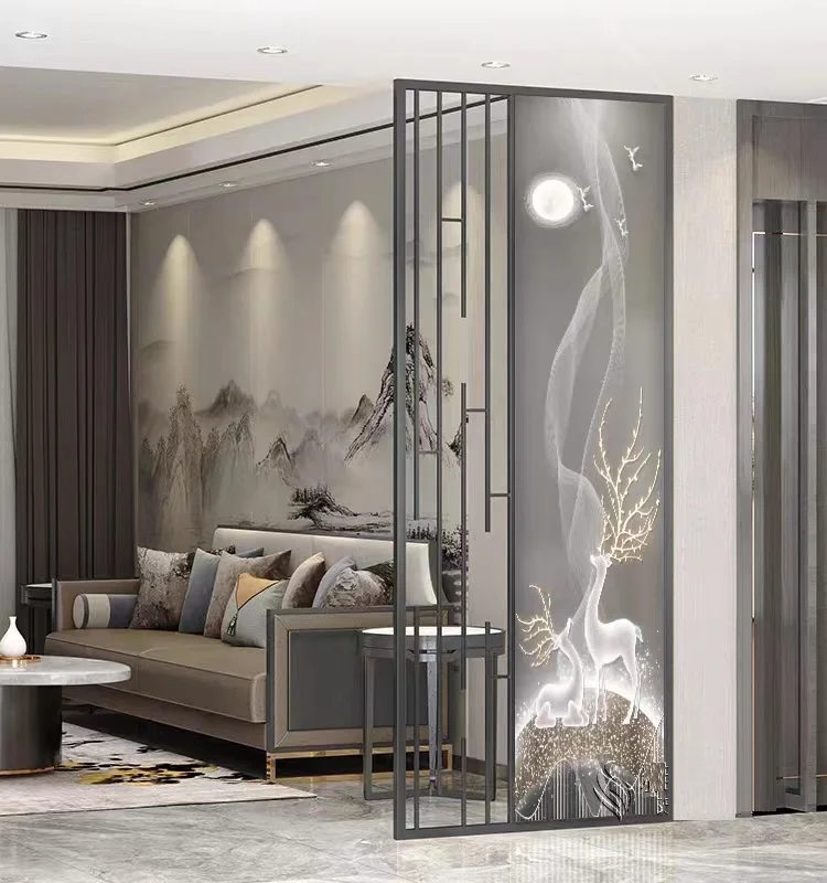 Luxury Modern Golden Art Living Room Entrance Decorative Tempered Partition Wall Glass Screen
