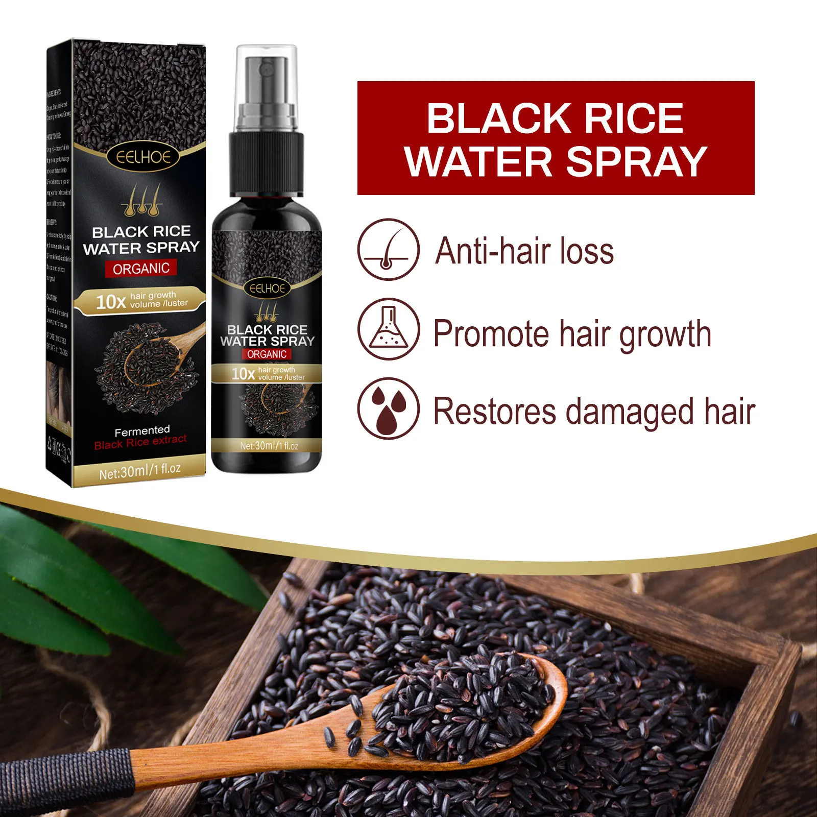 

Eelhoe Black Rice Hair Growth Spray Tough Hair Fixing Deny Hairs Repair Moisturizing Hairs Root Supple Anti-White Hair Spray