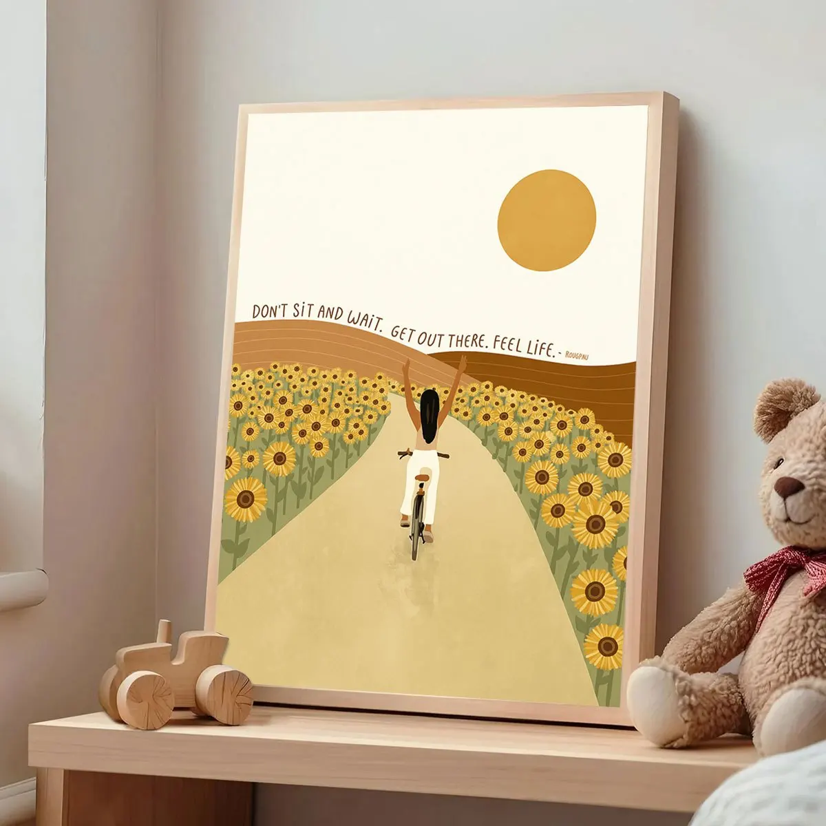 

2D/Flat Sunflower Field Cycling Path Canvas Wall Art, Unframed Minimalist Beige, Yellow Floral Poster for Living Room Decortions