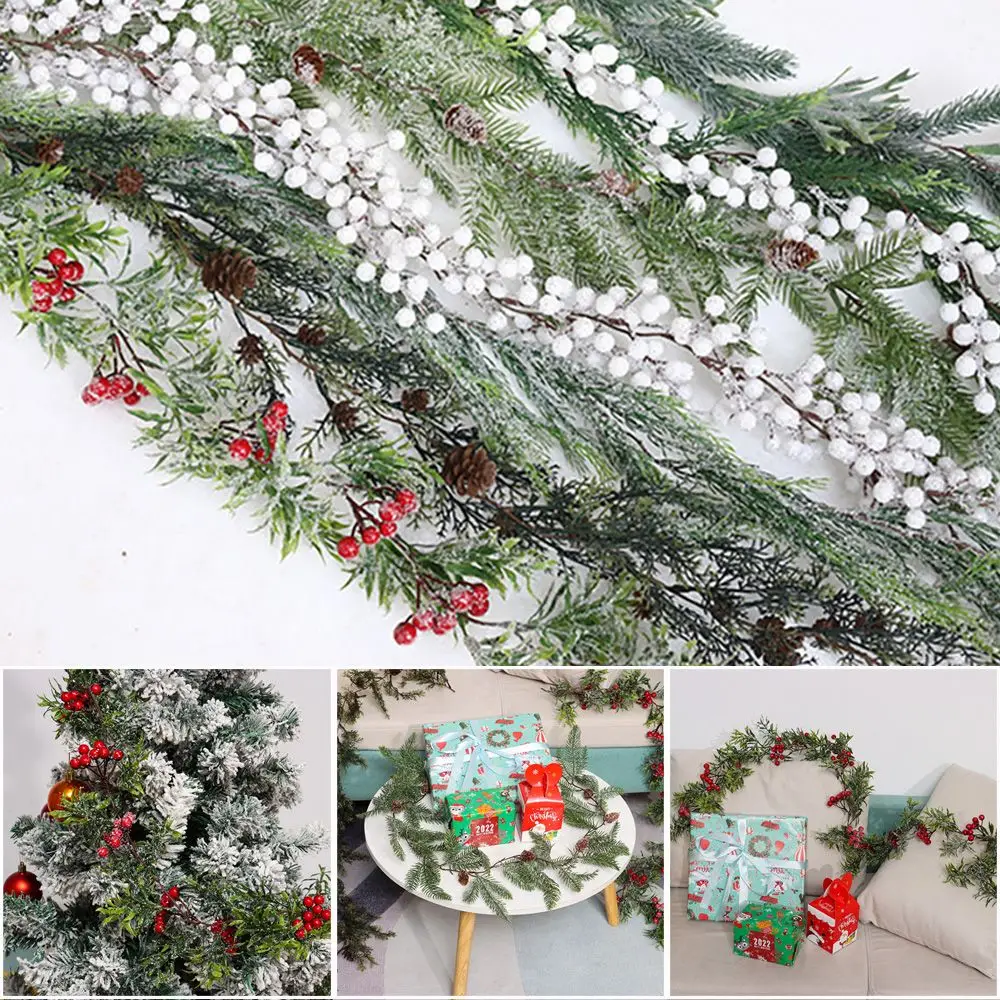 Stairs Leaves Branches Wedding Party Hanging Wreath Pine Cones Vine Artificial Red Berries Christmas Decorative Garland