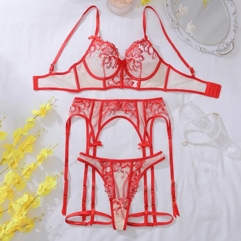 Toucheart Sexy Kleding Vrouwen Lingerie Hot Ondergoed Fancy Ongecensureerde Sexy Bloemen Kant Perspectief Holle Lingerie 4-delige Set