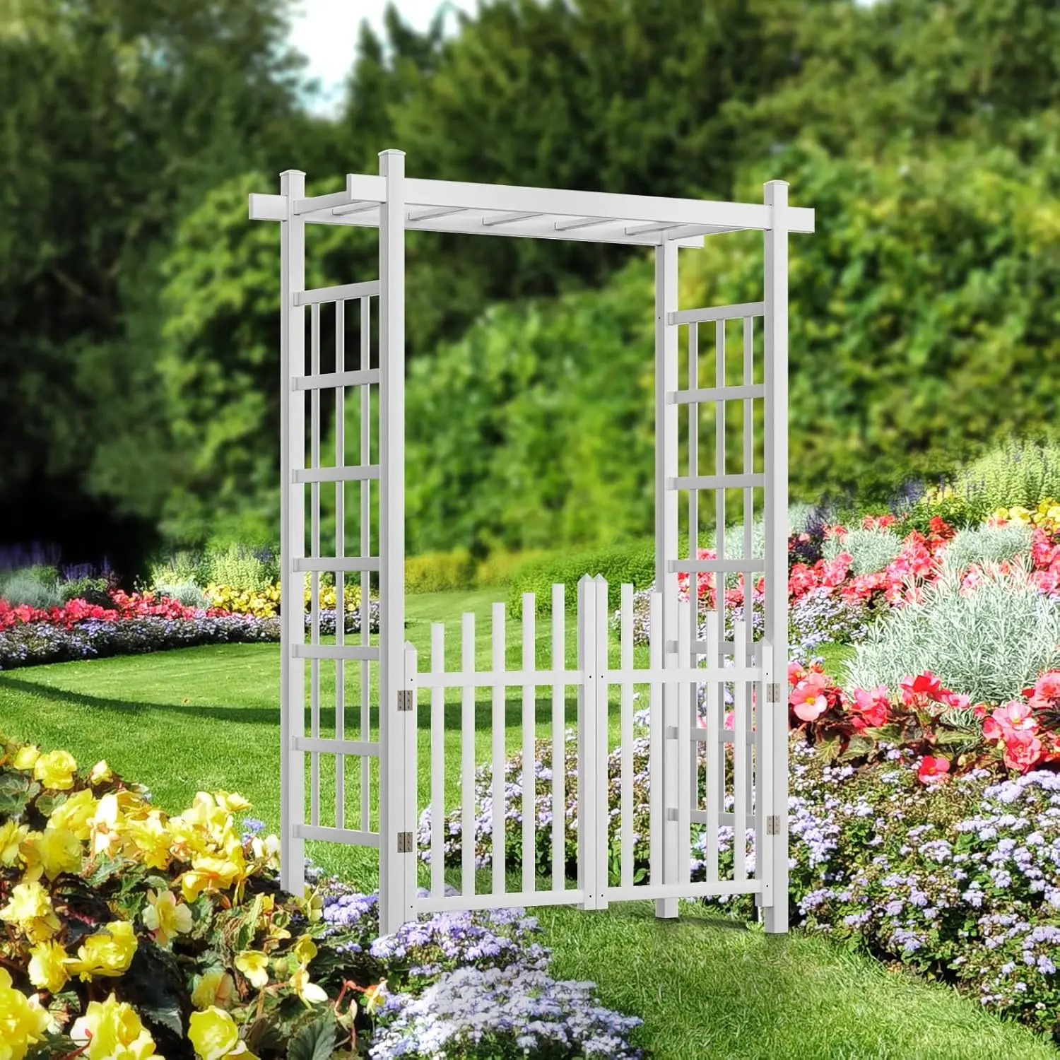 Garden Arbor with Gate, PVC Wedding Arch for Ceremony Party, Garden Trellis for Climbing Plants Outdoor, Arch Backdrop Stand