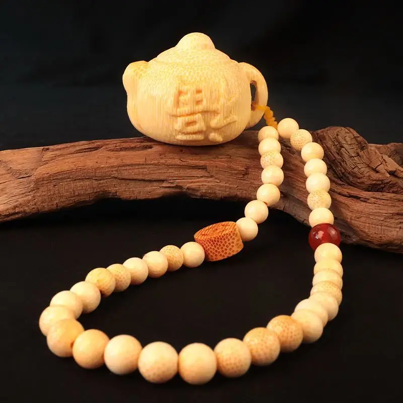 

Solid Bamboo Carving Handle Pot Ornament Handheld Piece Lucky Fortune Character with Accessories Tea Pet Decoration