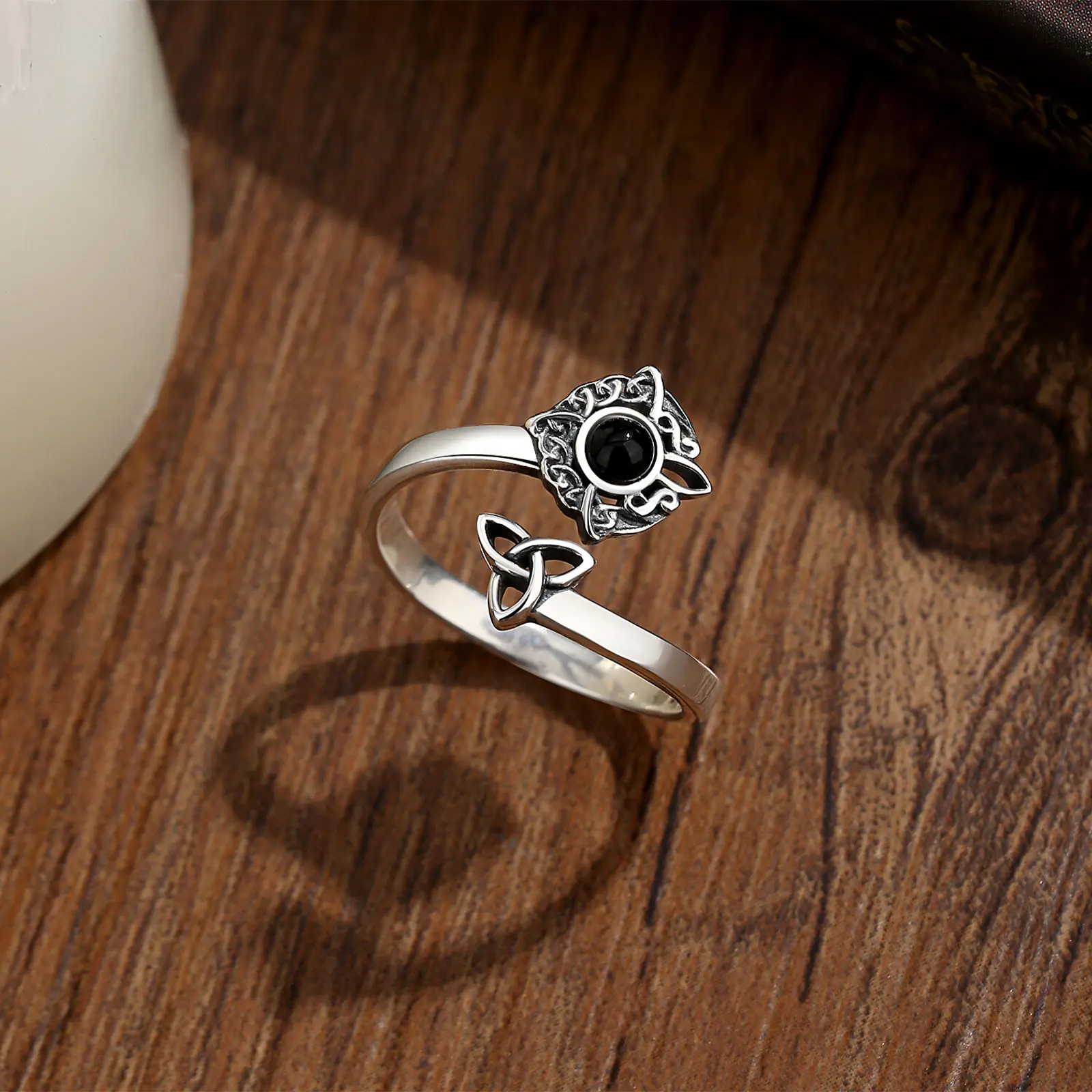 AEONSLOVE 925 Sterling Silver Witch Knot Adjustable Ring Obsidian Celtic Trinity Knot Ring Wicca Pagan Jewelry Gift for Women