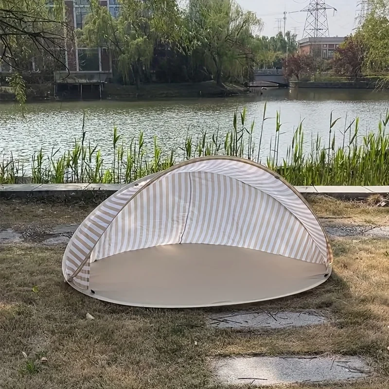 Beach Tent Quick Setup Portable Lightweight Striped Beige White Canopy for Camping Picnics Beach Outdoor Shade UV Protection