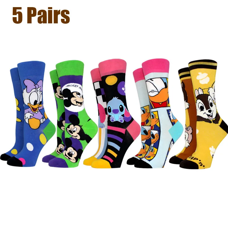 

5 Pairs New Cartoon Women Socks Anime Mickey Stitch Donald Duck Inventive Long Socks AB Style Socks Funny Cute Socks Size 36-42