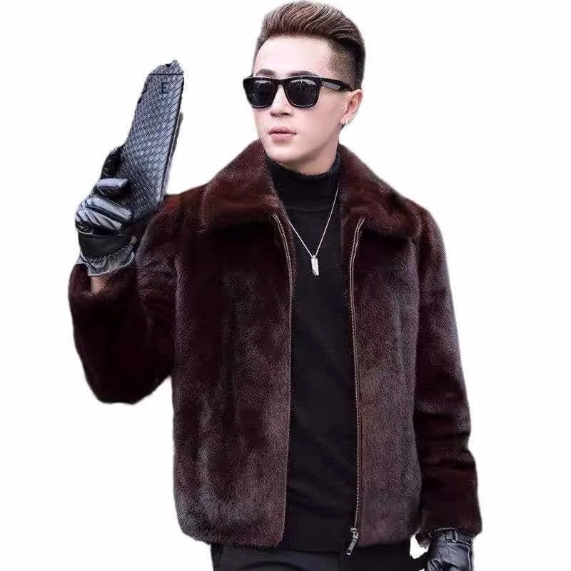 2023 Autumn Winter Jackets New Mink Zipper Solid Color Men's Casual Fashion Imitation Fur with Hat Flip Collar Coat C24