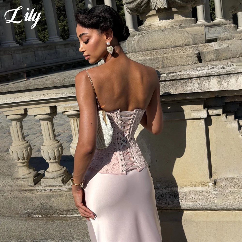 Lily Pink Prom Dresses with Lace Bodice Evening Dress Strapless Mermaid Party Dress Floor Length Sweet Robe De Soirée Customized