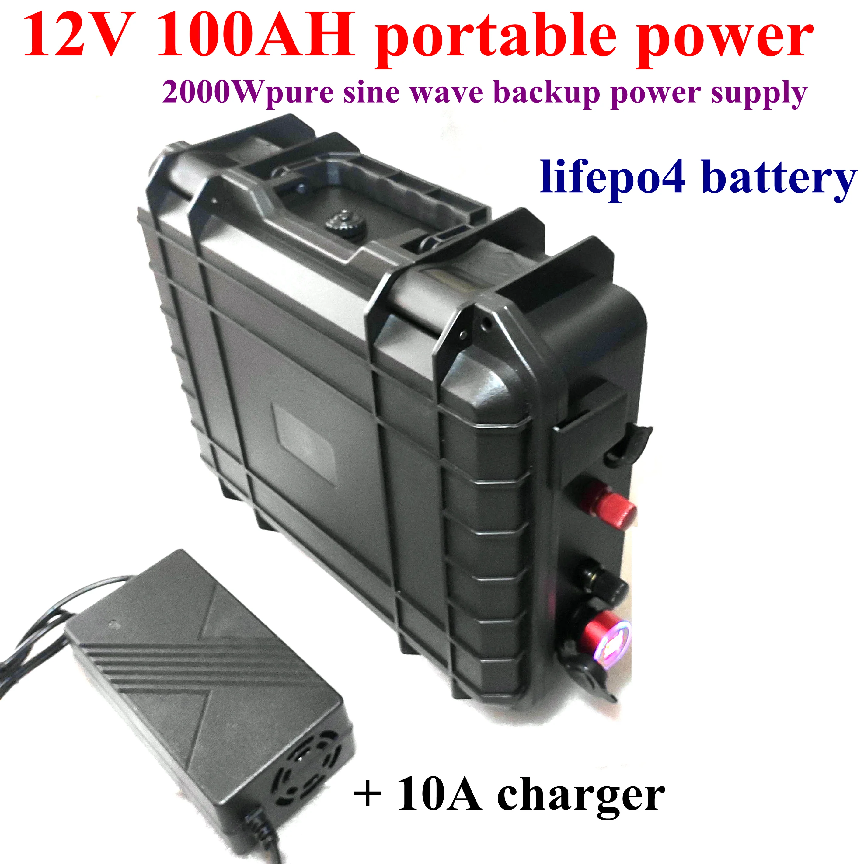 Portable peak 2000W pure sine AC 110V 220V Lifepo4 12V 100AH lithium battery camping power supply + 10A charger