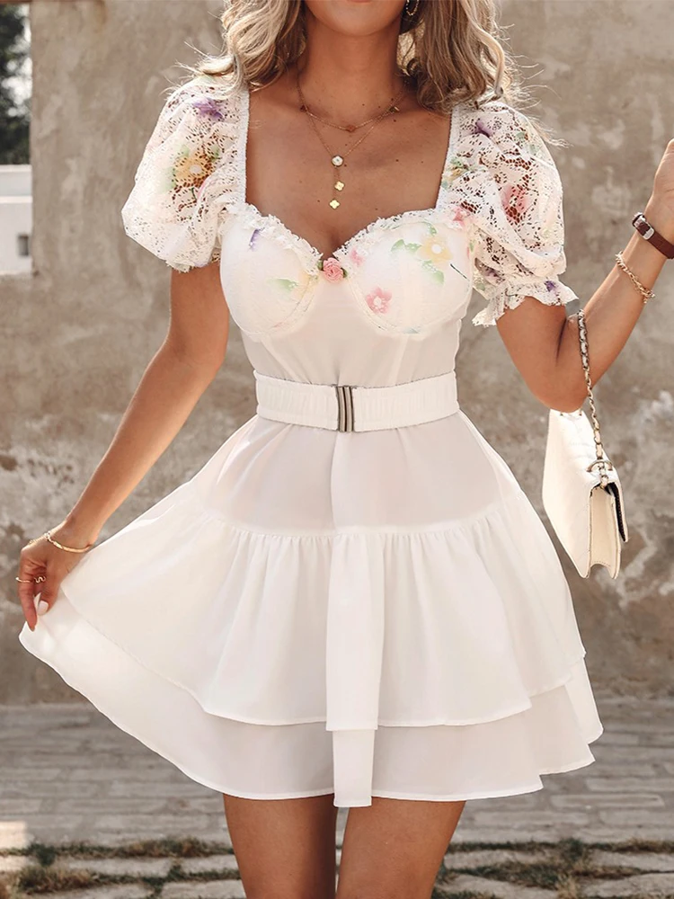 Floral Lace Patch Layered Ruffles Mini Dress