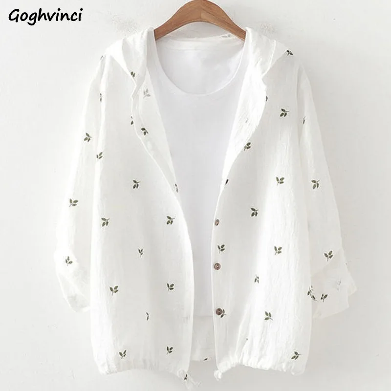 Thin Jackets for Women White Print Design All-match Summer Clothing Female Young Fashion with Hat Korean Style Sunscreen New Ins