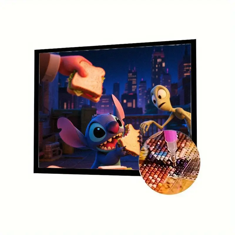 

1PC Disney Stitch 5D Diamond Painting Kit, Lilo & Stitch Cartoon Alien Eating Sandwich Scene Full Drill Rhinestone Embroidery Cr