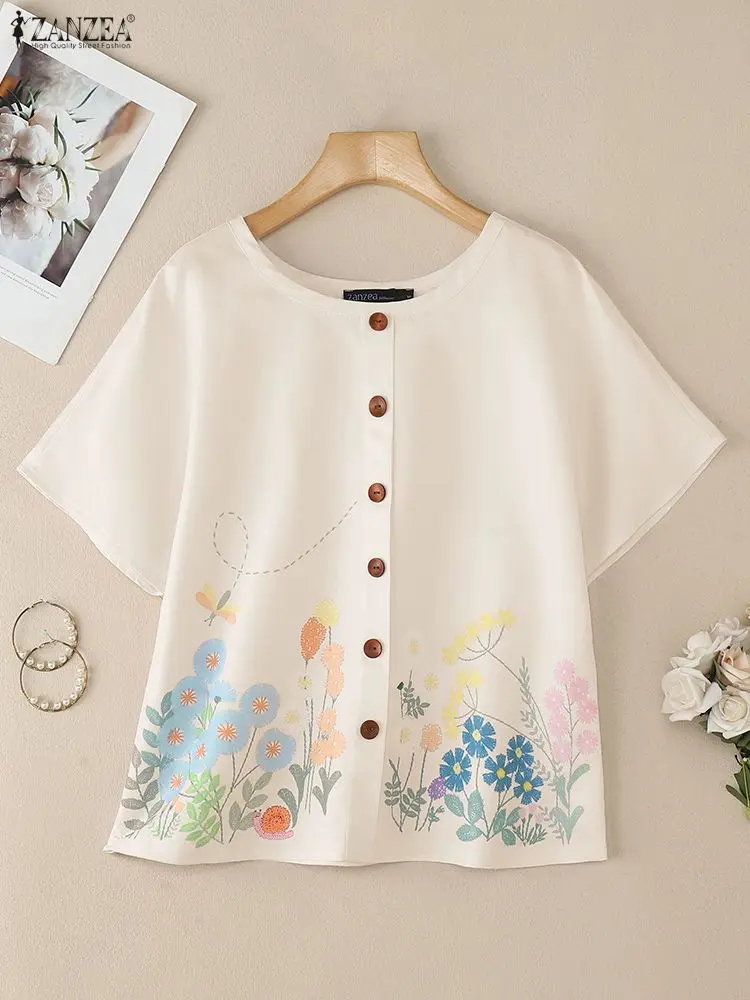ZANZEA البوهيمي الأزهار طباعة البلوزات المرأة الصيف 2025 س الرقبة قصيرة الأكمام أزرار بلايز كل يوم لباس غير رسمي ملابس امرأة S-3XL #3