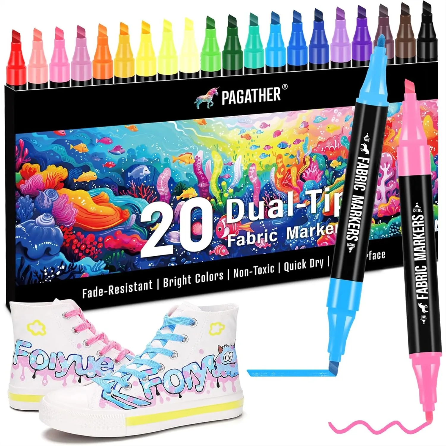 

Fabric Markers Permanent for Clothes, 20 Colors Dual Tip Fine and Chisel Paint Pens for T-Shirt Canvas Tote Bags Shoes
