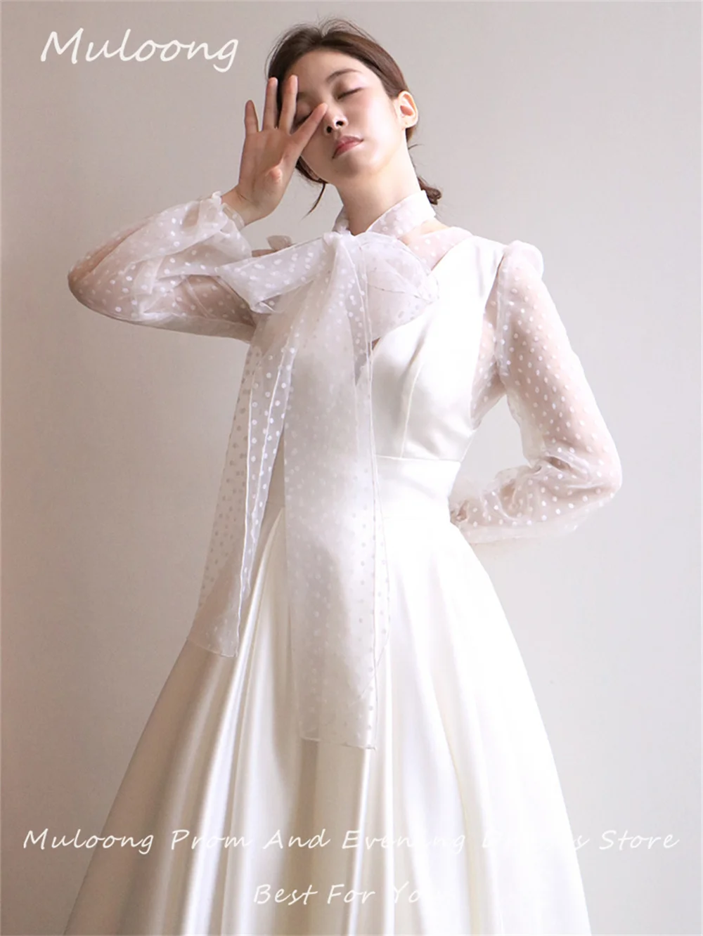 Muloong Ivory A Line Simple 웨딩 드레스 O Neck Lantern Sleeves Korea Wedding Dress Floor Length Illusion Dots Bow Tie Bridal Dress