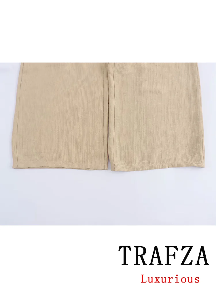 TRAFZA Vintage Casual Chic Solid Women Suit Sleeveless O-Neck Sashes Top Loose Straight Long Pants New Fashion 2024 Autumn Suit