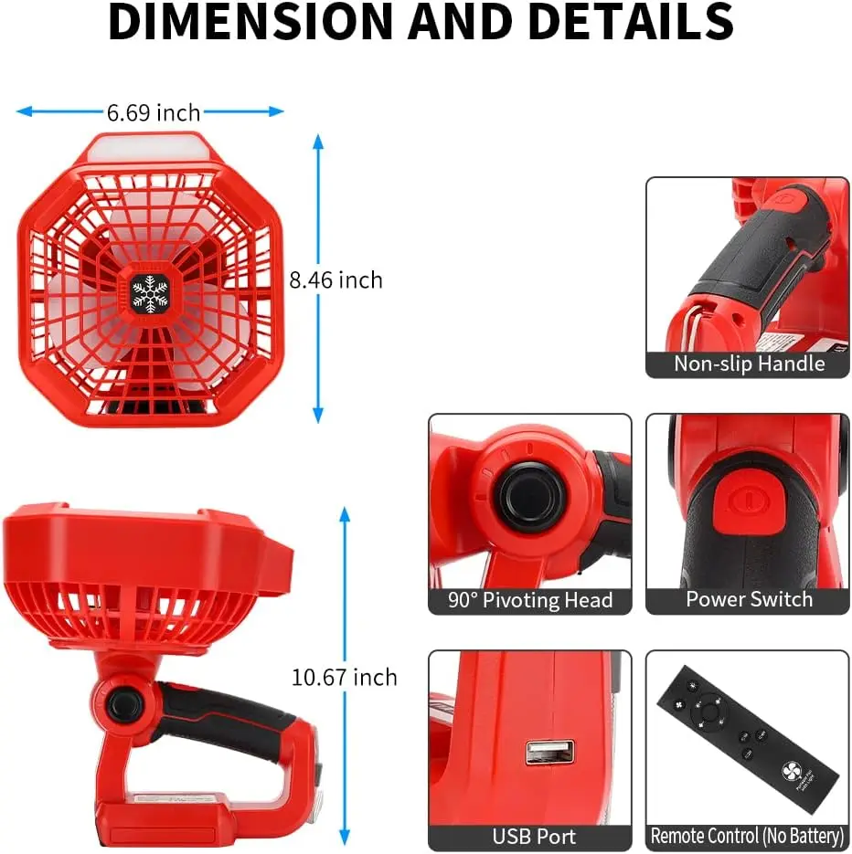Handheld Fan 3 Speeds 3 Mode LED  USB-A Charging for Makita/Bosch/Dewalt/Milwaukee/Black Decker/Craftsman 18/20v  Battery