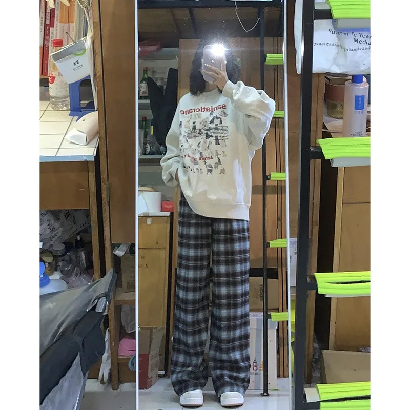 Women's Plaid Pants Fce Lined Loose Wide Leg Casual Versatile Slimming Small Stature Sweatpants High Waist Commute Sle