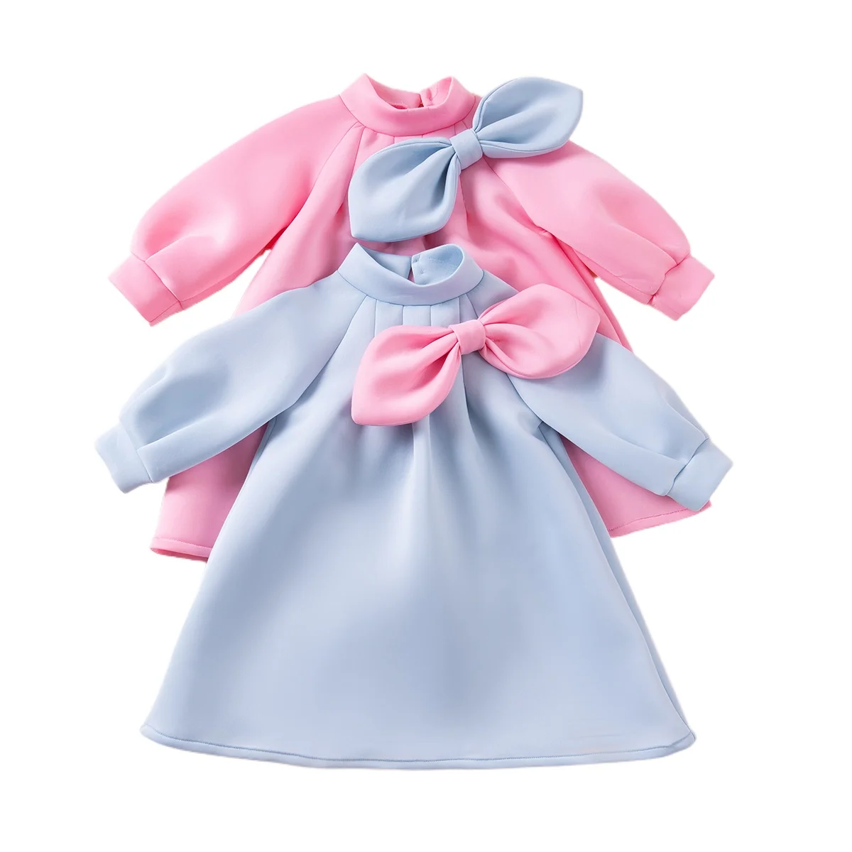 2024 Baby Girl Autumn Sweetheart Dress Round Neck Long Sleeve Dress Bow Decoration A-line Dress Fashion Solid Color Casual