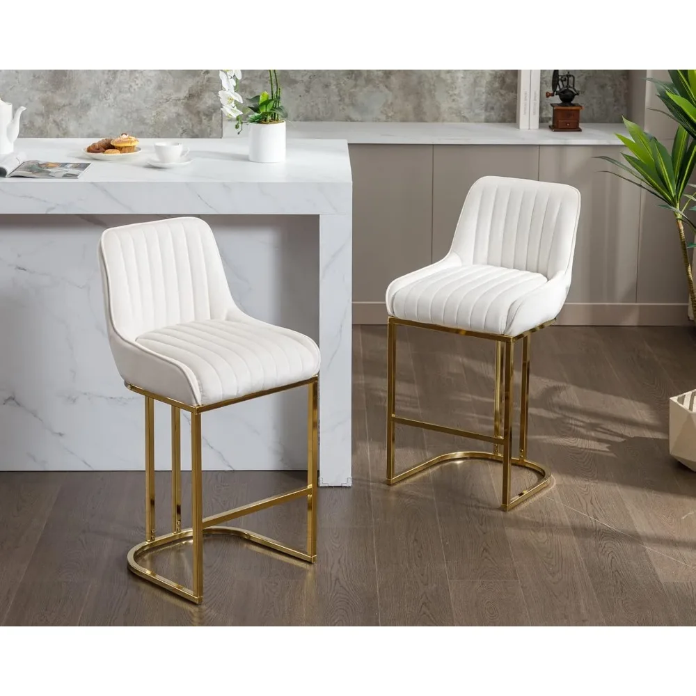 Counter Height Bar Stools Set of 2 with Back Modern Kitchen Counter Stools with Gold Legs Velvet Island Chairs Comfy Stripe