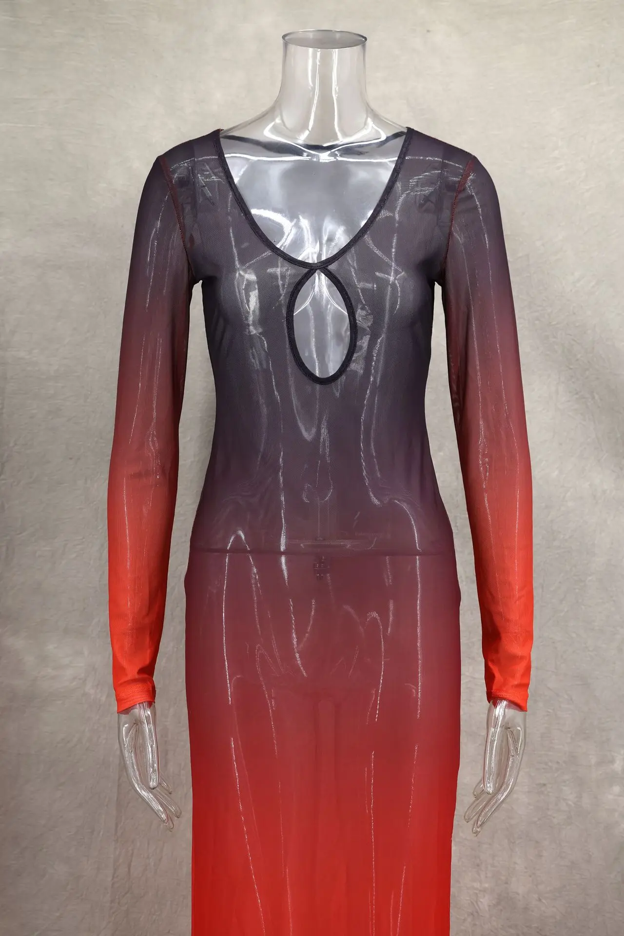 Vestido largo de verano degradado para mujer, vestido playero de malla transparente Sexy, vestido Maxi ajustado recortado de manga larga