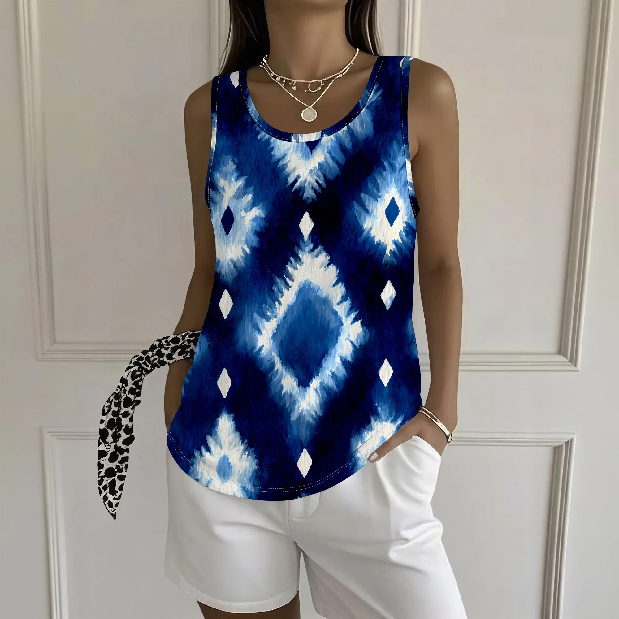 Blue Tie Dye Print Tank Top, Abstract Diamond Pattern Sleeveless Shirt, Casual Summer Blouse For Women, S-2XL