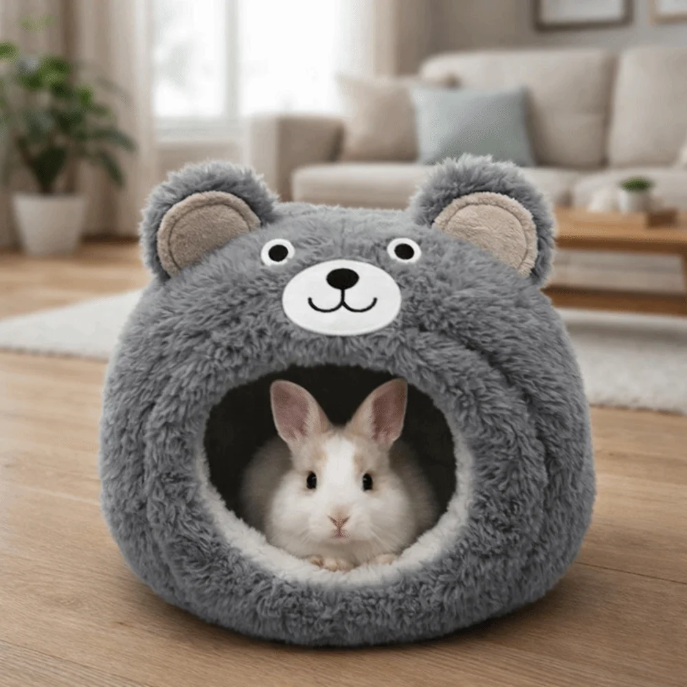 

Cartoon Hamster Warm Nest Semi-enclosed Windproof Hideaway Shelter Plush Bear Shape Guinea Pig House for Small Animal