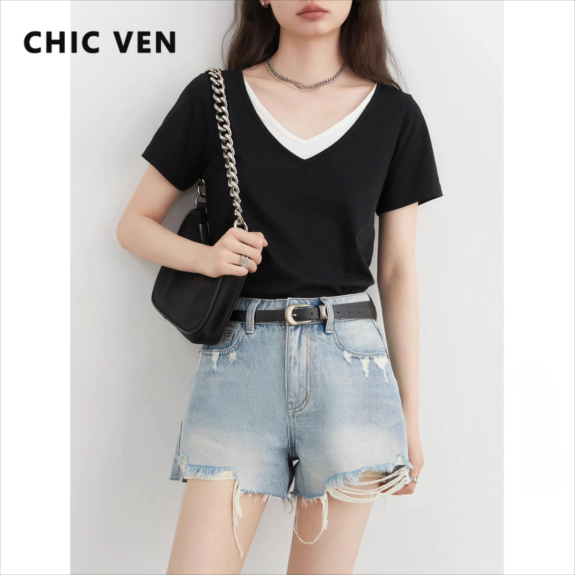 CHIC VEN Women Shorts Loose Blue New Girl High Waisted Asymmetrical Short Pants Fringed A-line Denim Short Summer 2025