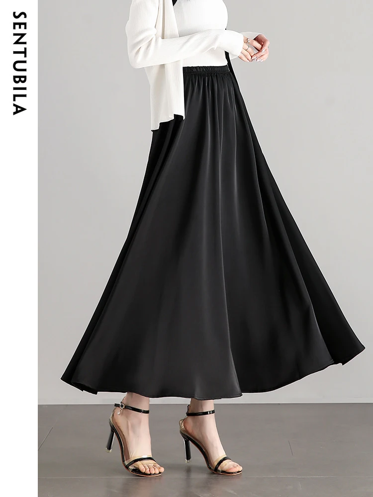 SENTUBILA Elegant Swing Long Skirts for Women Fashion 2024 Autumn Simple Elastic Waist Loose Skirt Women\'s Clothes W33Q51133