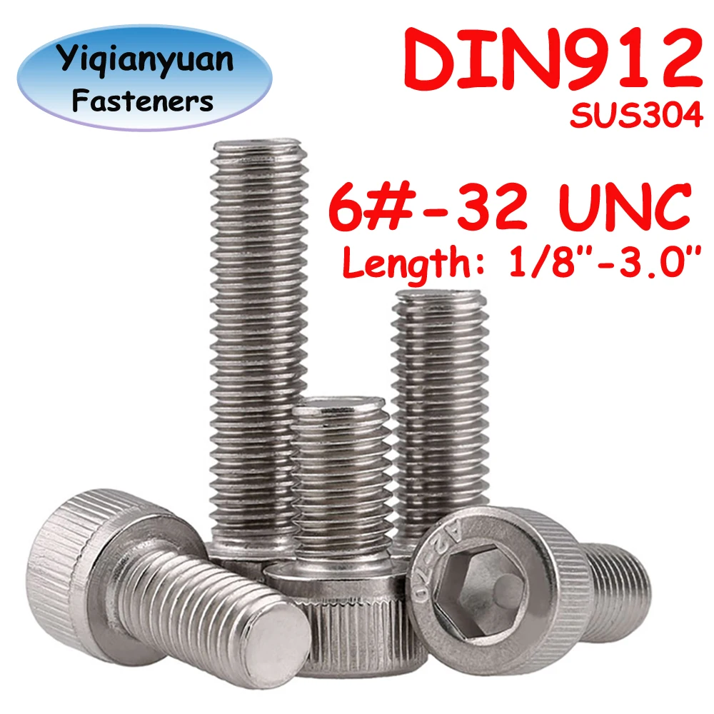 Yiqianyuan 6#-32 UNC Thread DIN912 SUS304 Stainless Steel Hexagon Socket Knurled Cap Head Bolts Allen Key Screws Full Threaded