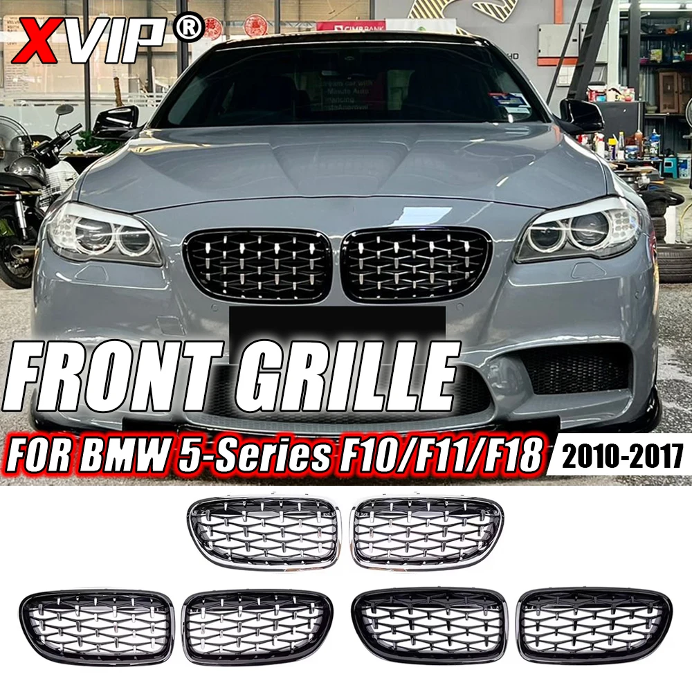 XVIP Griglie da corsa superiori stile diamanti argento per BMW Serie 5 F10 F11 F18 2010-2017 528i 535i Paraurti anteriore Griglie a doppia doghe