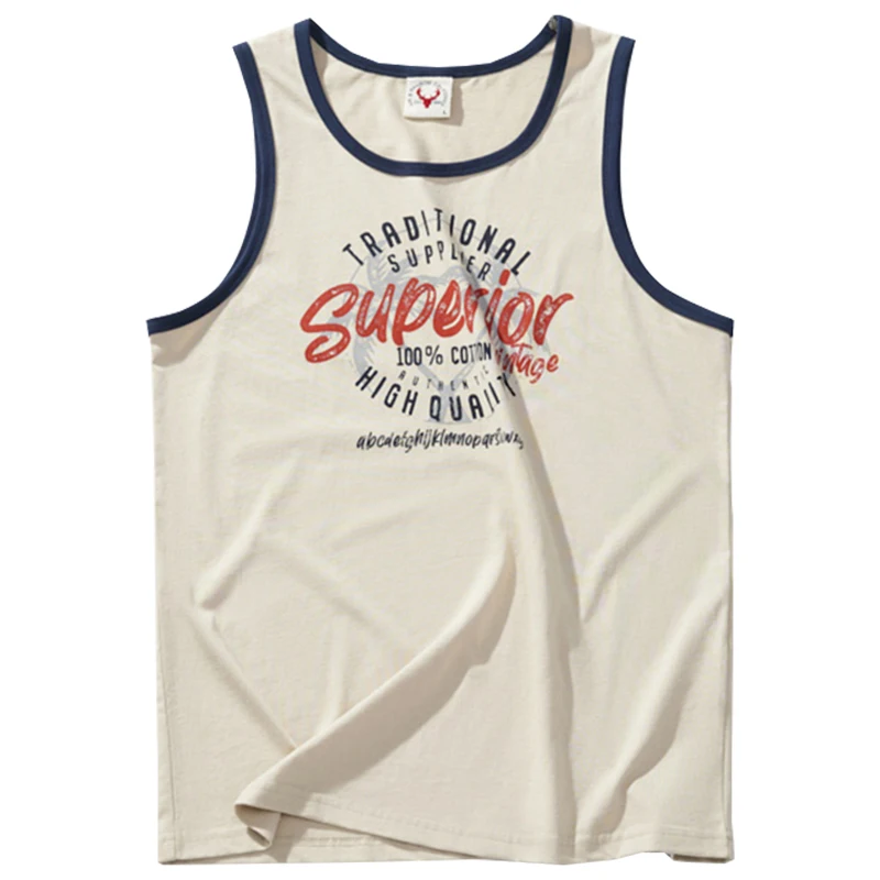 Summer New American Retro Sleeveless O-neck Letter Printed T-shirt Men\'s Fashion 100% Cotton Washed Old Casual Sports Vest Tops
