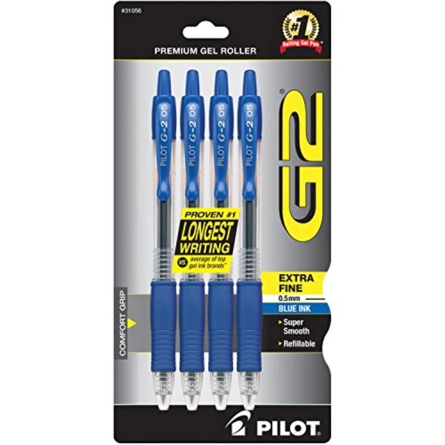 

G2 Retractable Premium Gel Ink Roller Ball Pens, Extra Fine Point, 4-Pack, Blue Ink 31056