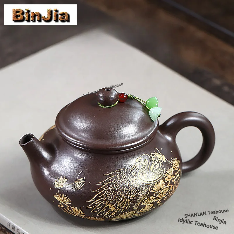 260ml Luxury Yixing Purple Clay Teapots Handmade Gold Drawing Crane Pot Raw Ore Mud Kettle Chinese Zisha Tea Set Gifts Craft
